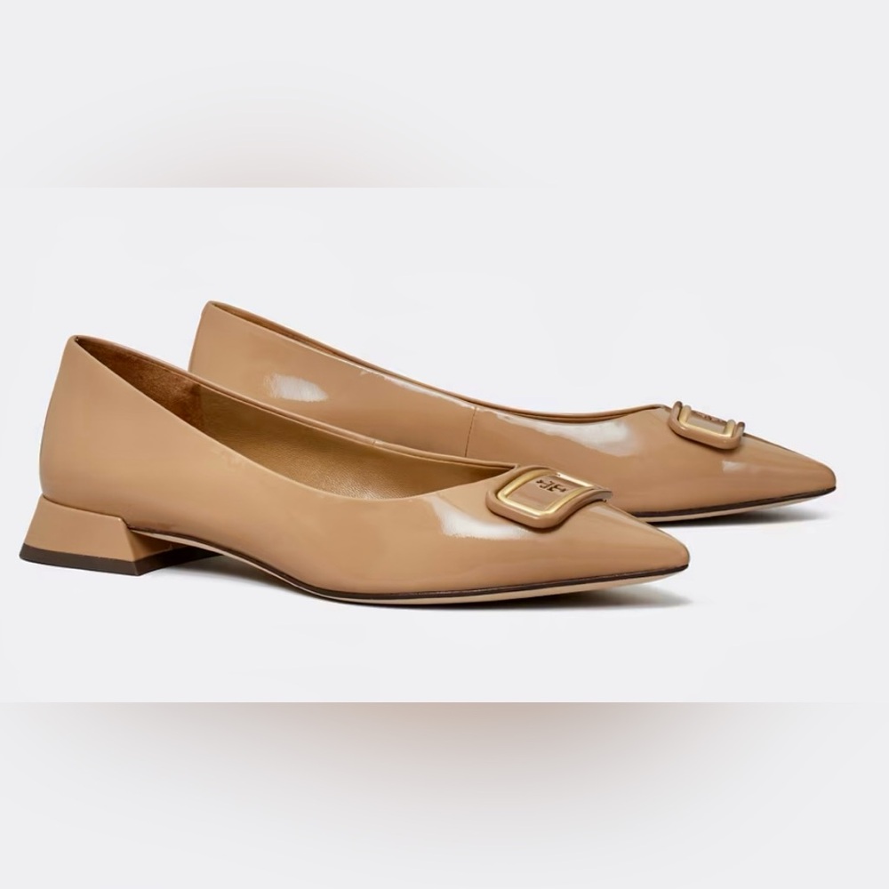 Tory Burch Size 8 GEORGIA Pointed Toe Flats Almond Flour Beige Patent Leather